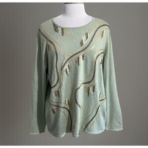 Alfred Dunner Women's L Mint Green Fairy Glitter Gold Sequin Sweater Top